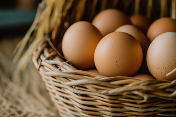 Close-up of brown eggs in a wicker basket.
