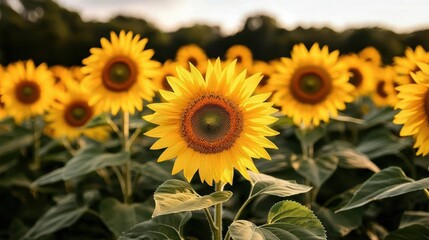 Obraz premium Sunflower field concept. Majestic sunflower field illuminated by golden hour light, serene rural environment, perfect background for nature-themed projects, sunflower field, golden rural