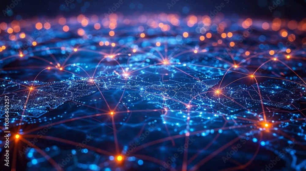 Poster an intricate web of digital connections spanning across continents, with data streams flowing betwee