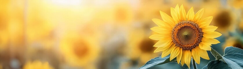 Fototapeta premium Sunflower field concept. Blooming sunflower field in golden morning light, vivid colors, field extending into horizon, nature at its peak, sunflower field, golden horizon