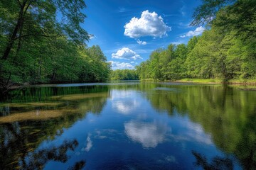 Fototapeta premium Tranquil River Reflecting Blue Sky and Fluffy Clouds Amidst Lush Green Trees