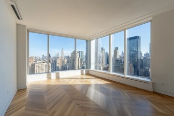Fototapeta premium Empty room with large windows showcasing panoramic city views and hardwood floors.