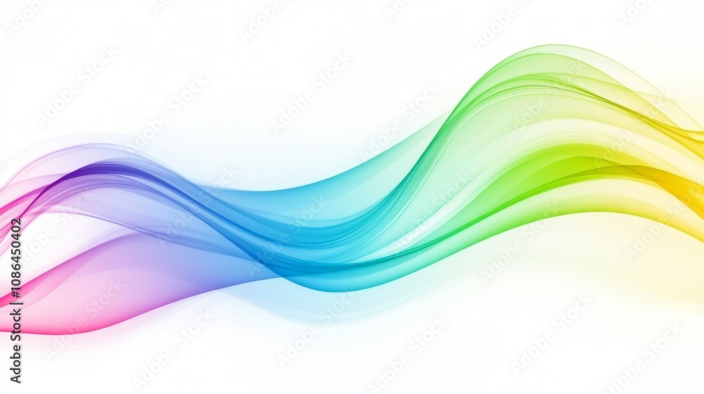 Poster vibrant flowing waves in blue, green, yellow, and pink hues on a soft white background for dynamic a