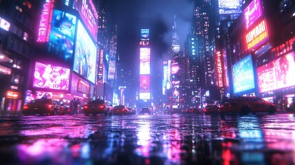 Obraz premium A vibrant, rainy cityscape illuminated by neon lights and reflections on wet pavement.