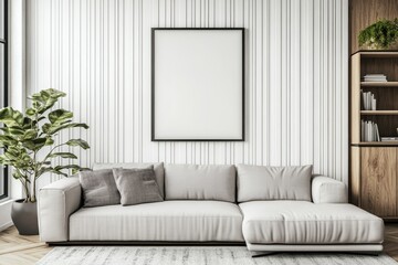 Fototapeta premium Modern living room with a white sofa, a large blank picture frame, and a wooden bookshelf.