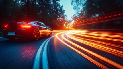Fototapeta premium A black car drives fast on a winding road at dusk, with light trails streaking behind it.