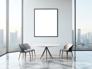 A modern dining area with a white marble table and two chairs, a large blank frame hanging on the wall, and a panoramic cityscape view outside the windows.