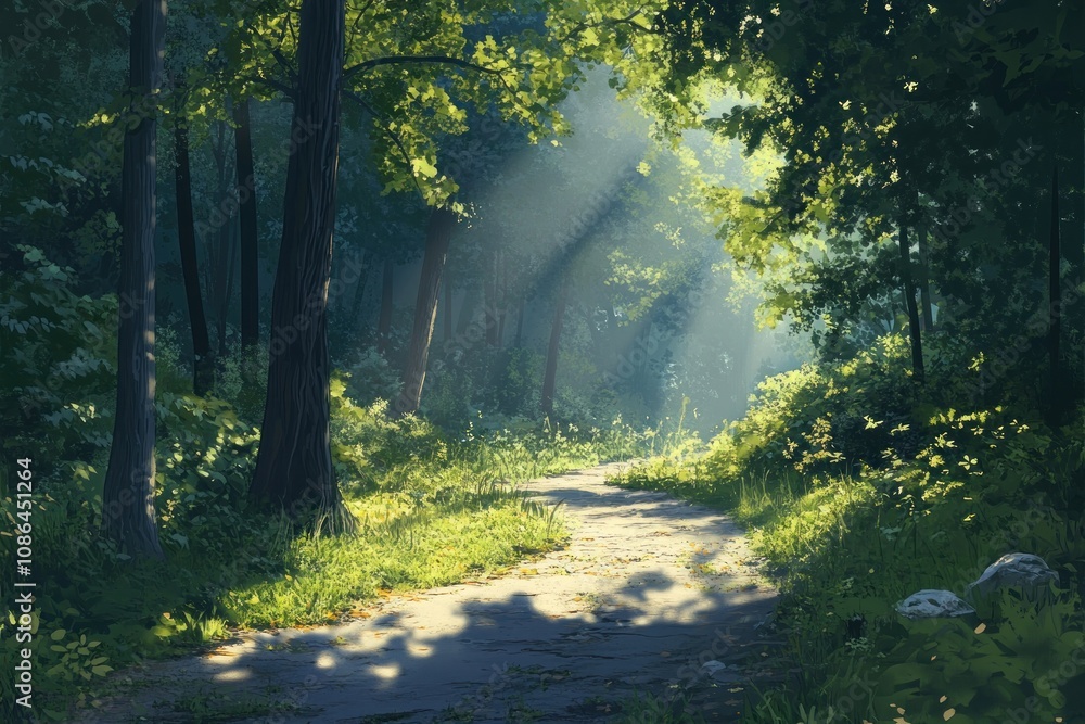 Wall mural A sunlit path winds through a dense forest, dappled sunlight filtering through the leafy canopy.