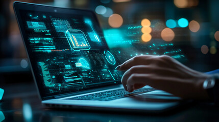 Exploring digital interfaces with futuristic design on a laptop during late-night hours