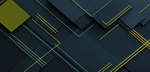 Christmas banner using navy blue and dark olive green blocks, mustard yellow and bright aqua lines, abstract geometric layout with light grey accents