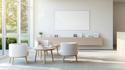 Workplace wellness advertisement featuring a calm and inviting breakout area, modern design, wellness materials, and ample copy space, deep depth of field