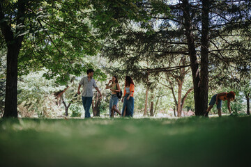 Fototapeta premium Friends walking in a green park, enjoying the natural surroundings and engaging in a peaceful, relaxing outdoor activity.