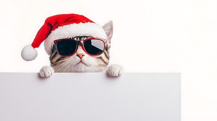 Cool Cat in Santa Hat and Sunglasses Holding a Sign
