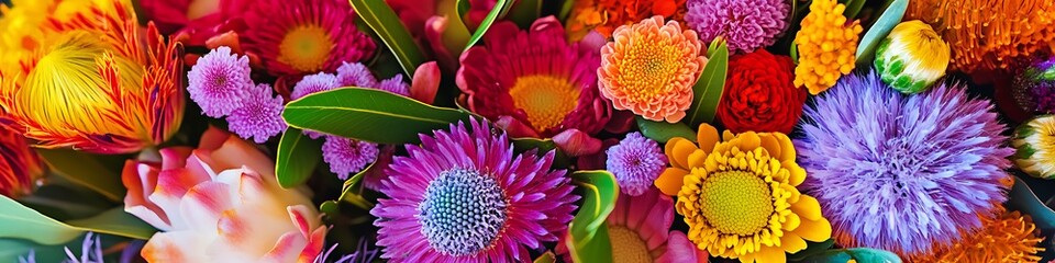 Close-up of native Australian flowers, vibrant colors arranged for a festive celebration