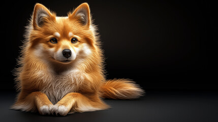 Naklejka premium Fluffy golden dog resting on dark background, exuding warmth and charm