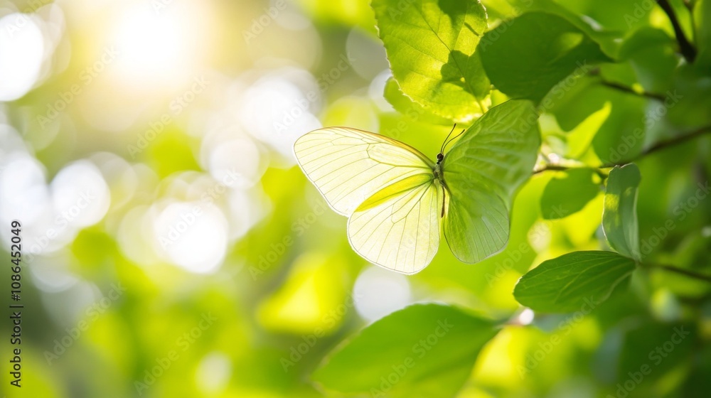 Poster delicate white butterfly resting on fresh green leaves in a sunlit natural environment with soft bok