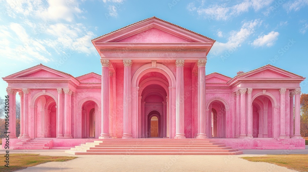 Poster a grand pink architectural structure with classical columns.