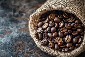 Roasted coffee beans spilling from burlap sack.