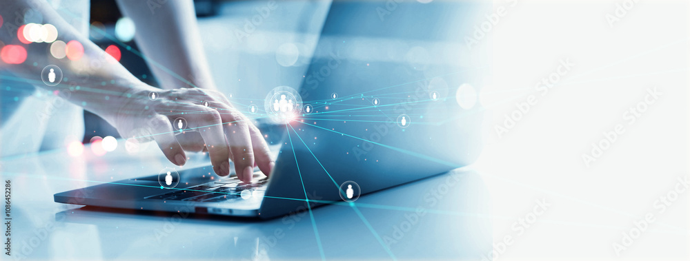 Aufkleber customer relationship management, businessman use laptop with global structure customer network tech