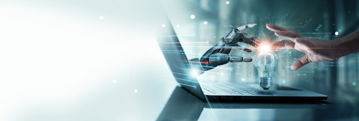 AI, Machine learning, Hands of robot and human touch on big data network, Brain data creative in...