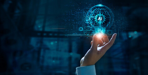 AI, Machine learning, Hand holding  brain data creative in light bulb and uses AI to create...