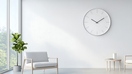 Wall clock in a corporate office environment with sleek furniture, copy space for text, professional business theme, deep depth of field