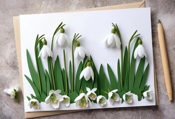 A handmade greeting card with snowdrop flowers made from torn paper