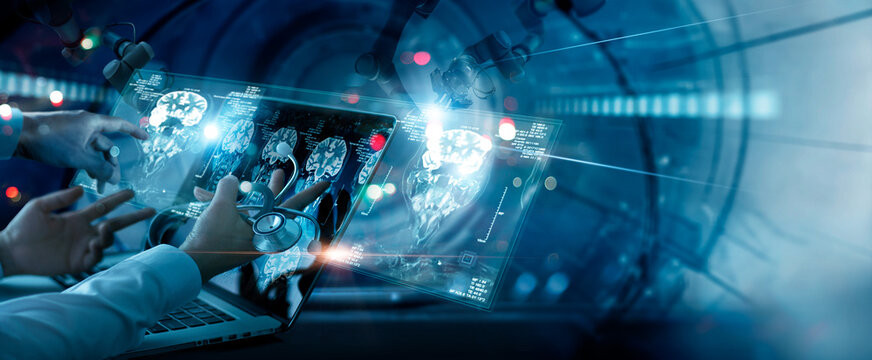 Medicine doctor team meeting and analysis. Diagnose checking brain testing result with ai technology on virtual interface connected with laptop and robotics, Science, Ai. Medical technology network.