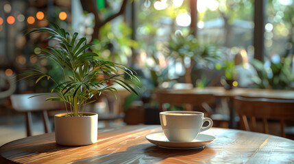 coffee cup on modern table in coffee shop interior, realistic