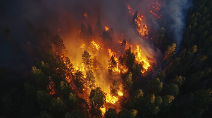 Fototapeta premium Aerial view of a fire burning in the forest