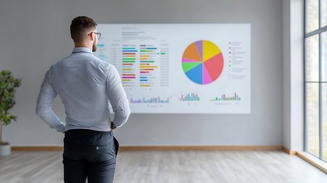 Presenter standing in front of a large, bright screen showing business data, with copy space for event details, deep depth of field