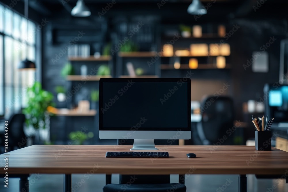 Aufkleber a modern computer monitor with a blank screen sits on a wooden desk in a stylish office setting.