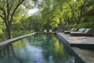 Naklejka premium Tranquil Poolside Oasis with Lush Greenery and Lounging Chairs