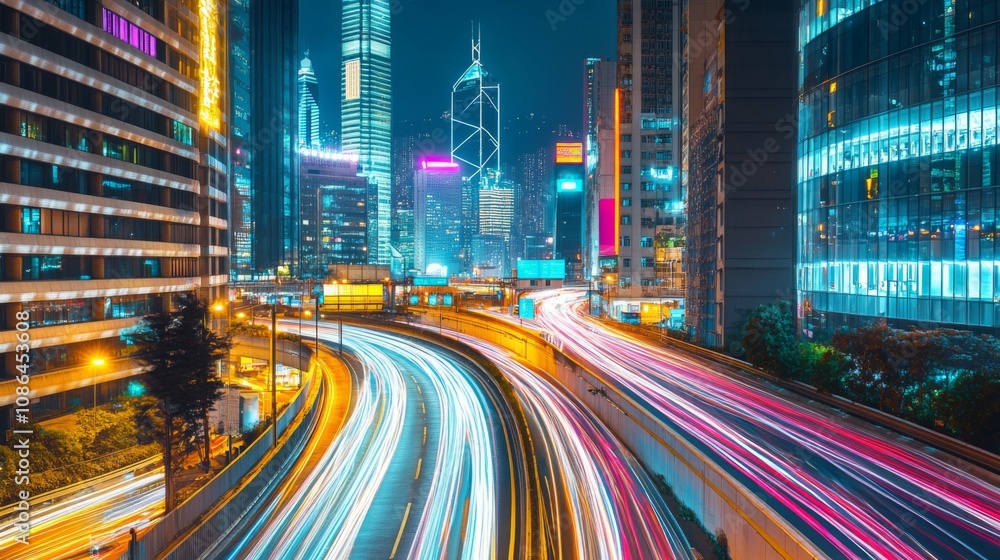 Poster vibrant nightlife in hong kong: capturing the dynamic movement of light trails through busy city str
