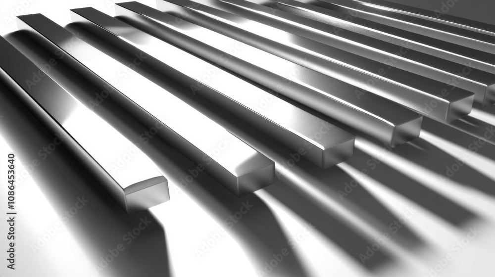 Fototapete Abstract close-up view of metallic bars arranged in parallel lines creating shadows and reflections on a smooth surface in a modern artistic composition