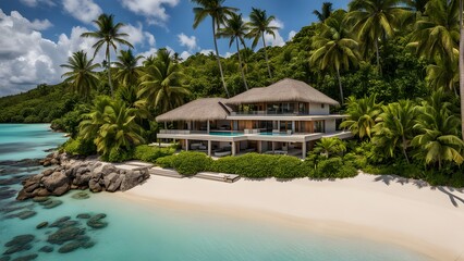 Island villa with an open plan layout private beach and palm trees, AI Generated