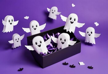 Three paper ghosts with heart-shaped eyes and a heart coming out of a gift box on a purple background