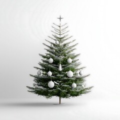 Fototapeta premium A stylishly arranged Christmas tree with a minimalist aesthetic, featuring monochromatic ornaments and a sleek star at the top. The tree stands elegantly on a simple white background, highlighting