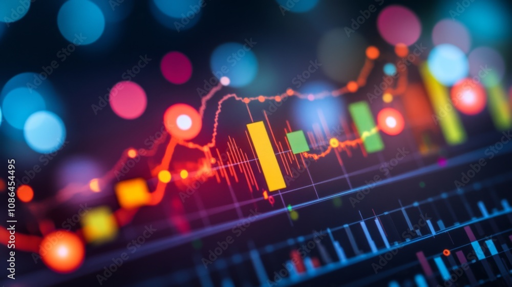 Poster abstract financial technology background with colorful charts, trends and data points, representing 