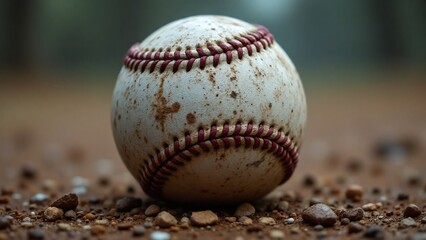 Close-up of a dirty baseball focuses on its condition and specific details