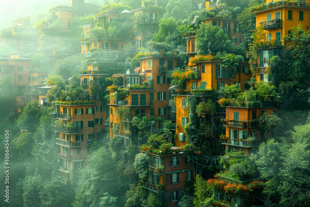 Poster panoramic view of buildings covered in vertical forests, integrating nature into urban architecture.