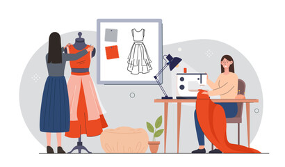 People in sewing room. Women sew dresses with sewing machine and needles. Handicraft garment and apparel. Hobby and leisure. Flat vector illustration isolated on white background