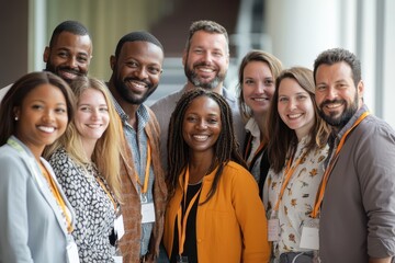 Group photo of a business conference, diverse professionals smiling, casual poses, networking success, business diversity