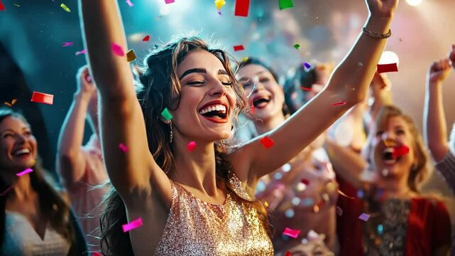 A lively celebration party with friends dancing and enjoying vibrant decorations, filled with festive energy.