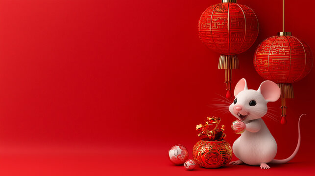 Lively mouse celebrating Chinese New Year with red lanterns and decor