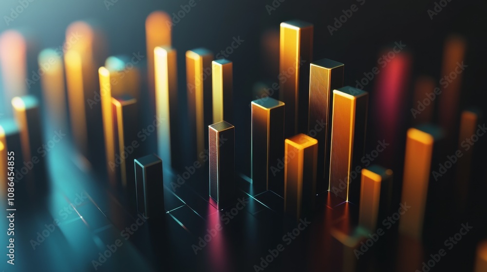 Poster abstract visualization of 3d bar graphs with glow effects representing data trends and insights in f