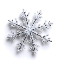 A close-up view of a single, intricately detailed snowflake, highlighting its geometric patterns and icy texture against a smooth white backdrop. The image emphasizes the clarity and precision of the