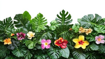 Obraz premium A vibrant border of tropical foliage and flowers isolated on a white background.