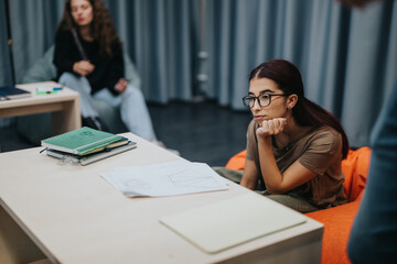 Students in a school environment engaged in a design-focused learning session. The collaborative and relaxed setting fosters discussion, innovation, and peer interaction.