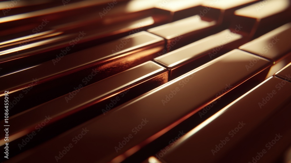 Poster Abstract close-up of shiny brown metallic bars arranged in a grid pattern creating a textured surface with reflections and highlights in warm light